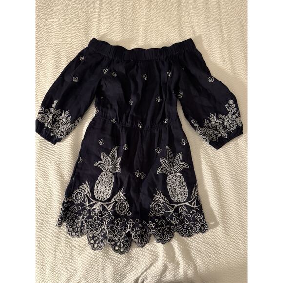 Farm Rio Embroidered Linen Romper Pineapple Anthropologie Jackie Navy XS - Picture 2 of 4